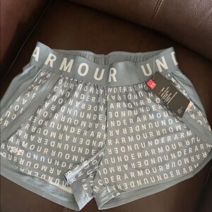 Under Armour Women's Light Gray Allover Logo Athletic Shorts